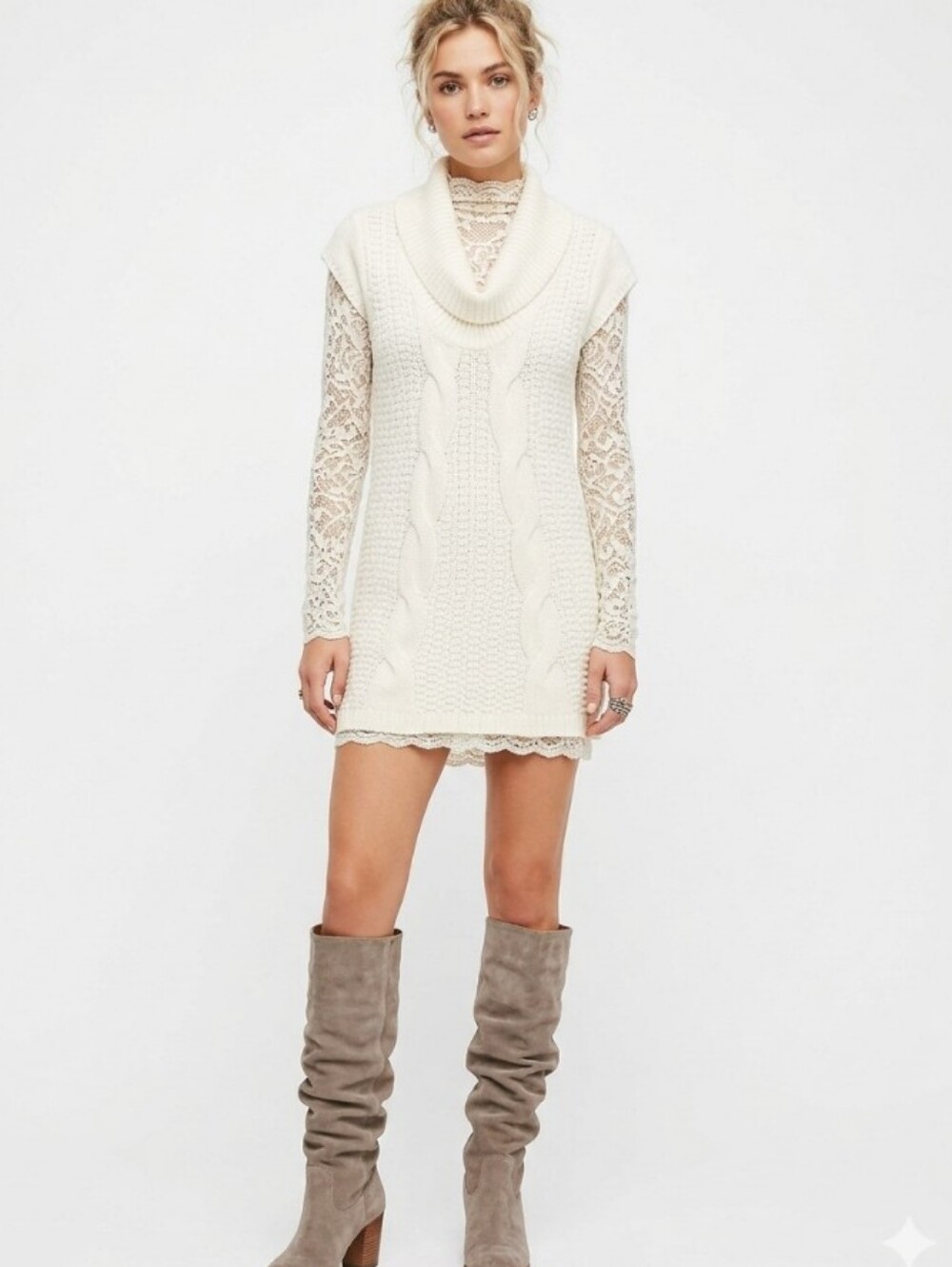 Cozy Cable-Knit Sleeveless Cowl Neck Sweater Or Dress - Off White
